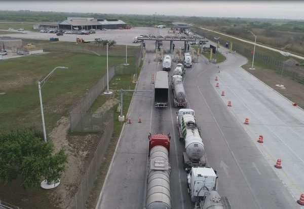 1_Image depicts trucks utilizing the previous inbound lanes at Veterans International Bridge in Brownsville.