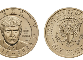 EU presenta moneda dorada de un dólar con el rostro de Trump por el aniversario de la Independencia.
